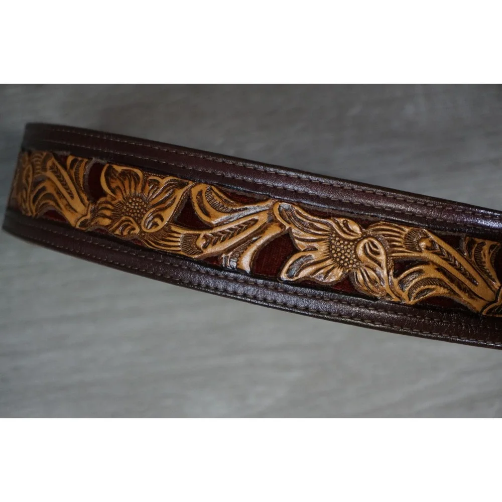 Vintage Yoakum Texas Tooled Custom Floral Leather Belt Brown Tan Western Cowboy